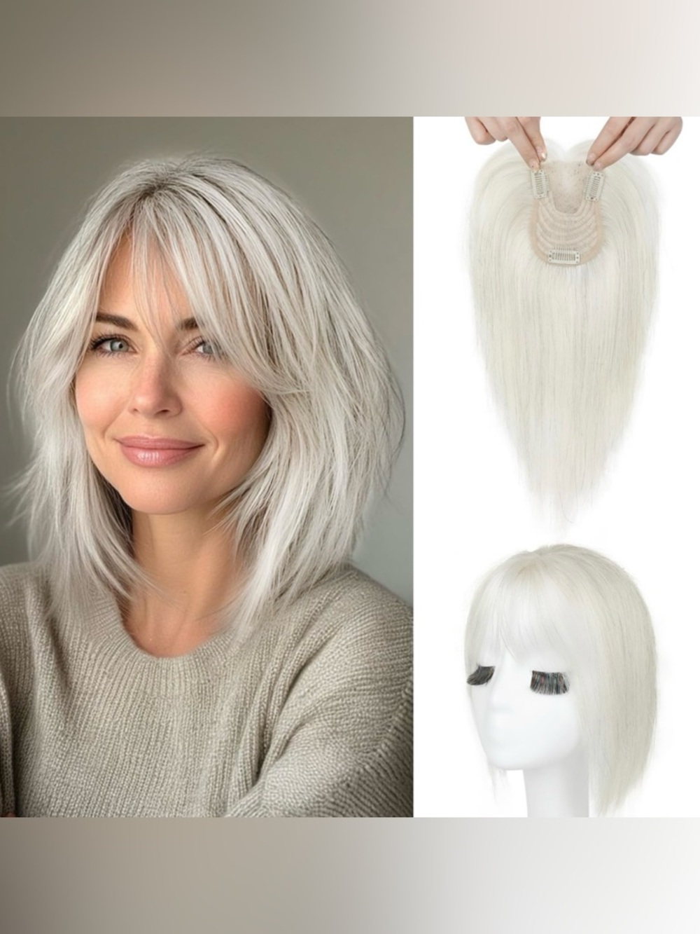 Seikea Real Human Hair Topper SILVER WHITE 10 Inch With Bangs Clip In Piece NEW